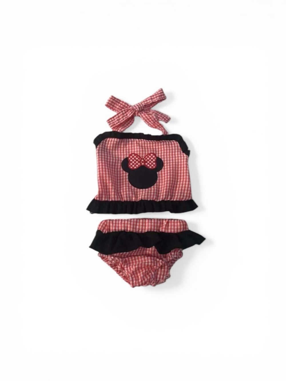 Red Gingham Ruffle Kids Bikini Set with Black Minnie Silhouette